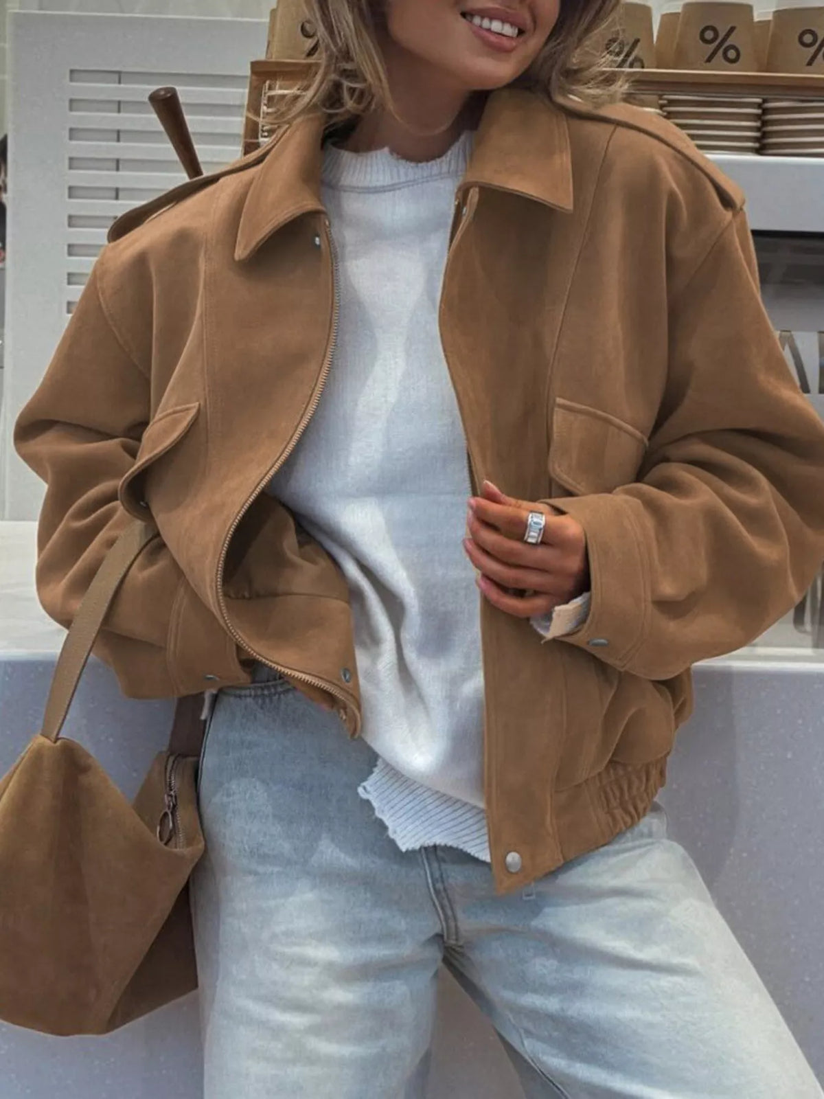 Zip Up Oversized Jacket in Taupe, view 2