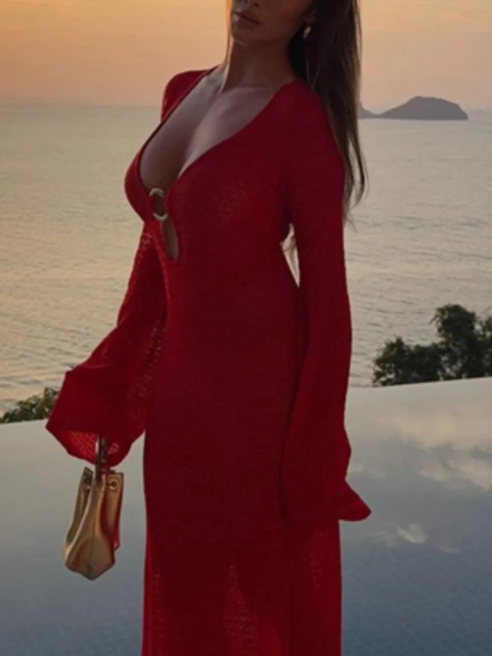 Slit Plunge Flare Sleeve Cover-Up Dress - Lilixa.store