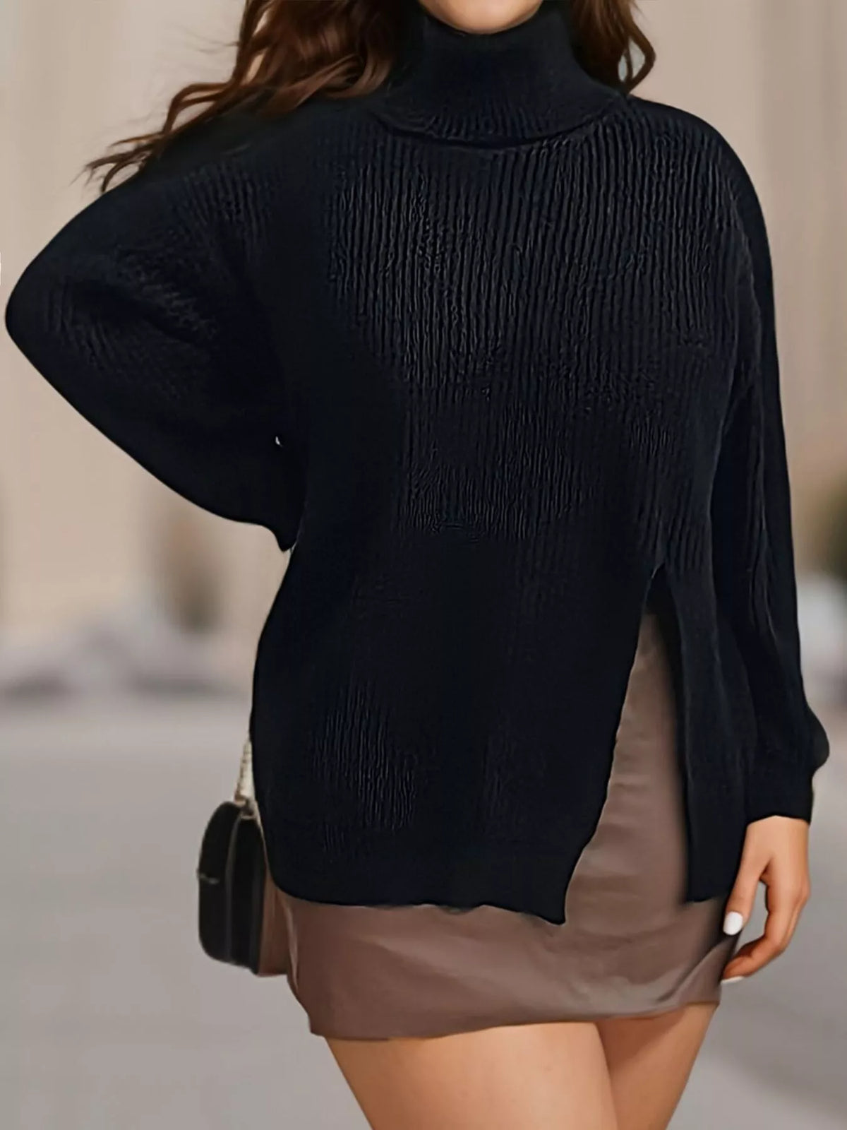 Plus Size Side Slit Ribbed Turtleneck Sweater