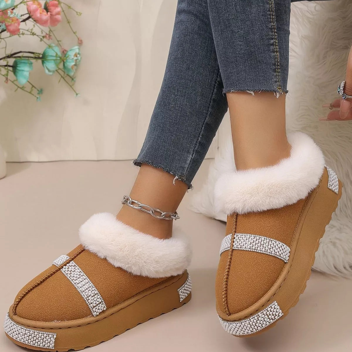 Rhinestone Embellished Faux Fur Lined Platform Boots - Lilixa.store