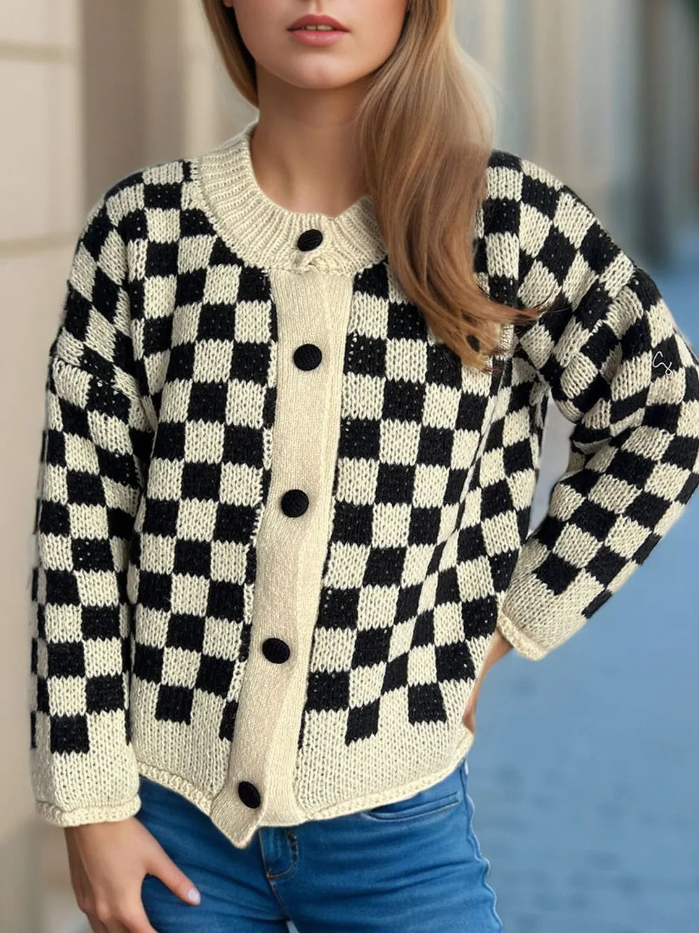 Checkered Button Up Round Neck Cardigan - Lilixa.store
