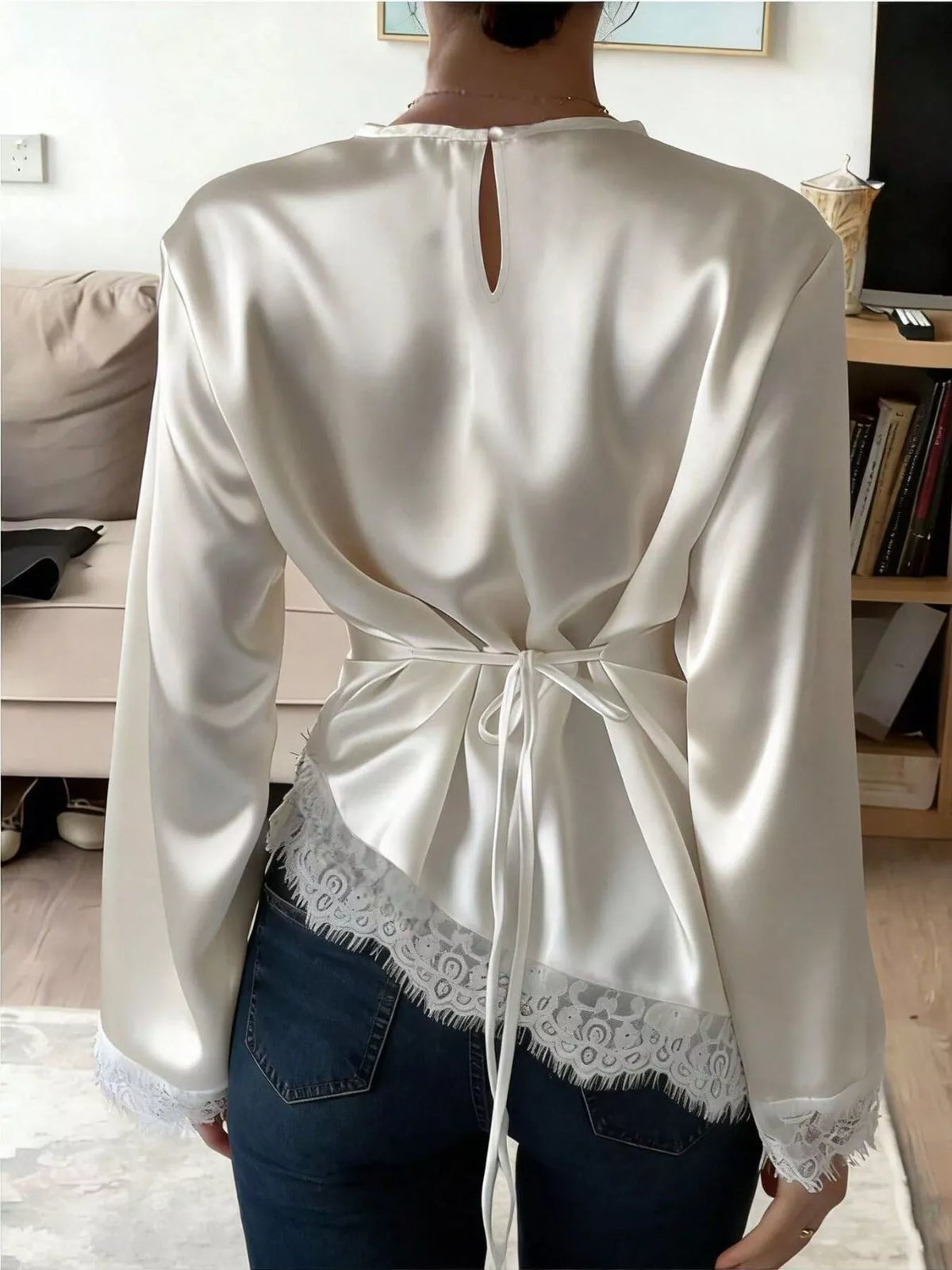 Satin Lace Trim Flare Sleeve Blouse, view 2