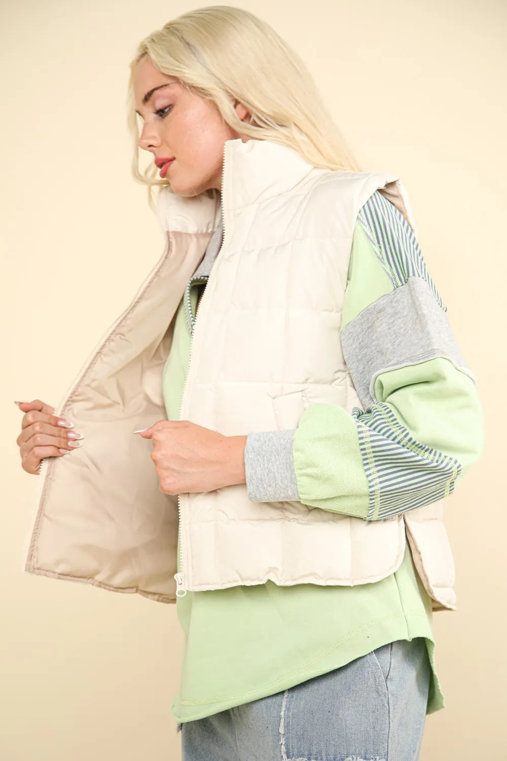 VERY J Zip Up Puffer Padded Warm Vest in Ivory, view 3