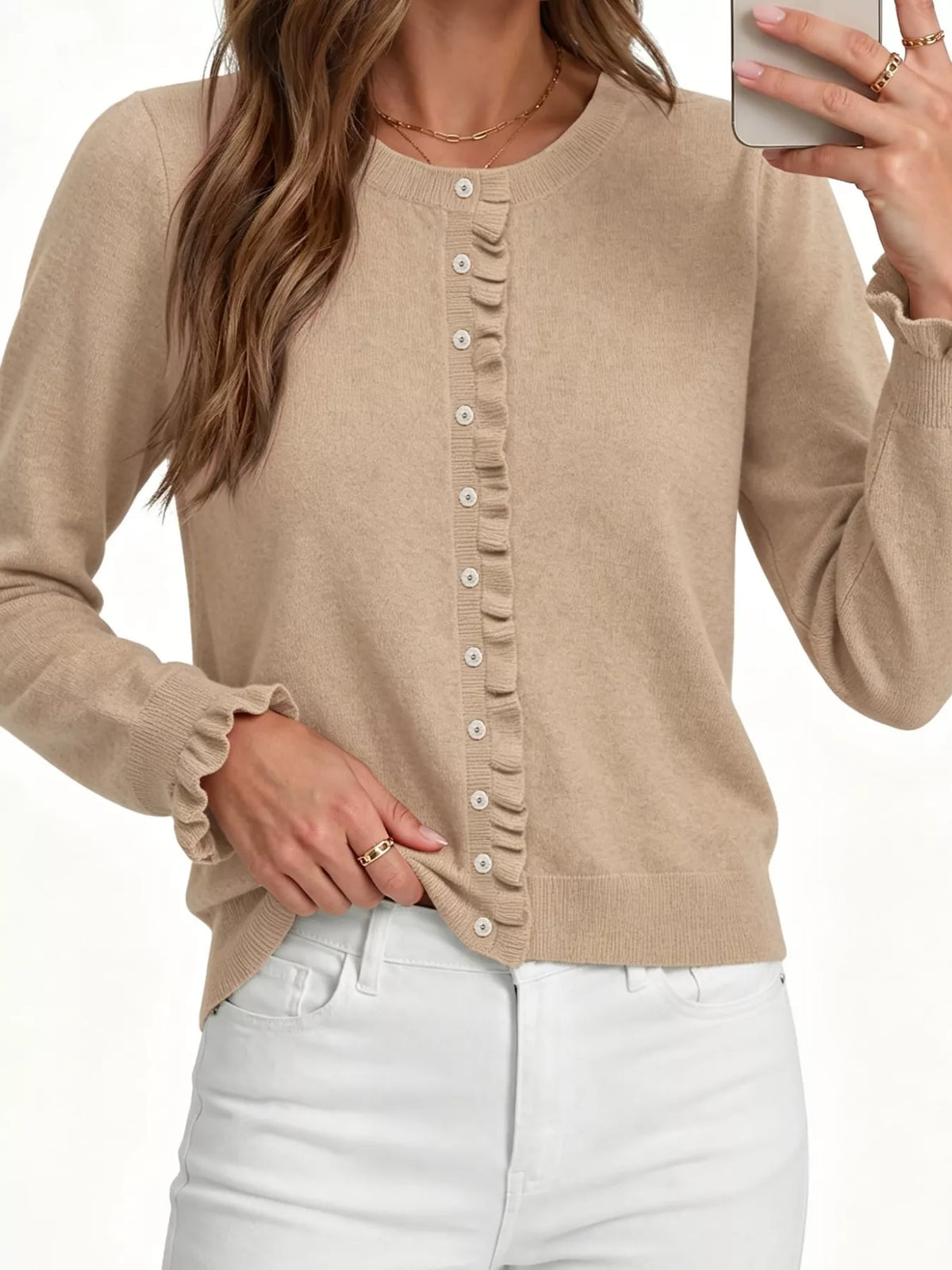 Ruffle-Trimmed Button-Down Knit Cardigan - Lilixa.store
