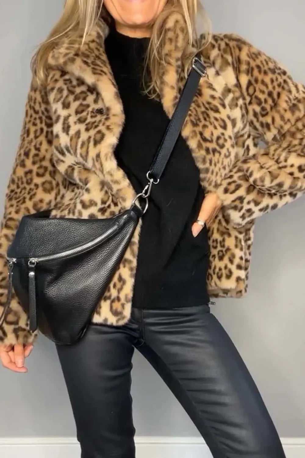 Full Size Leopard Furry Collared Neck Long Sleeve Coat, view 3