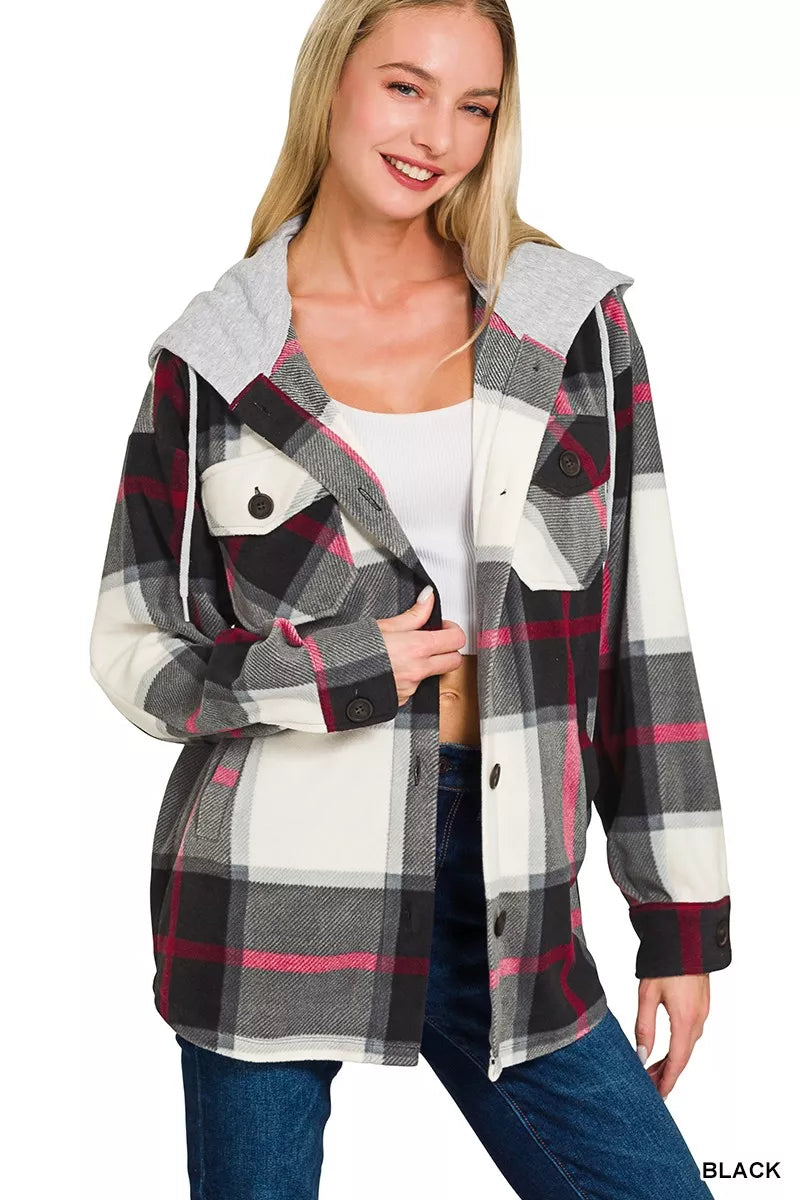 Zenana Plaid Drawstring Hooded Fleece Shacket in Black, view 2