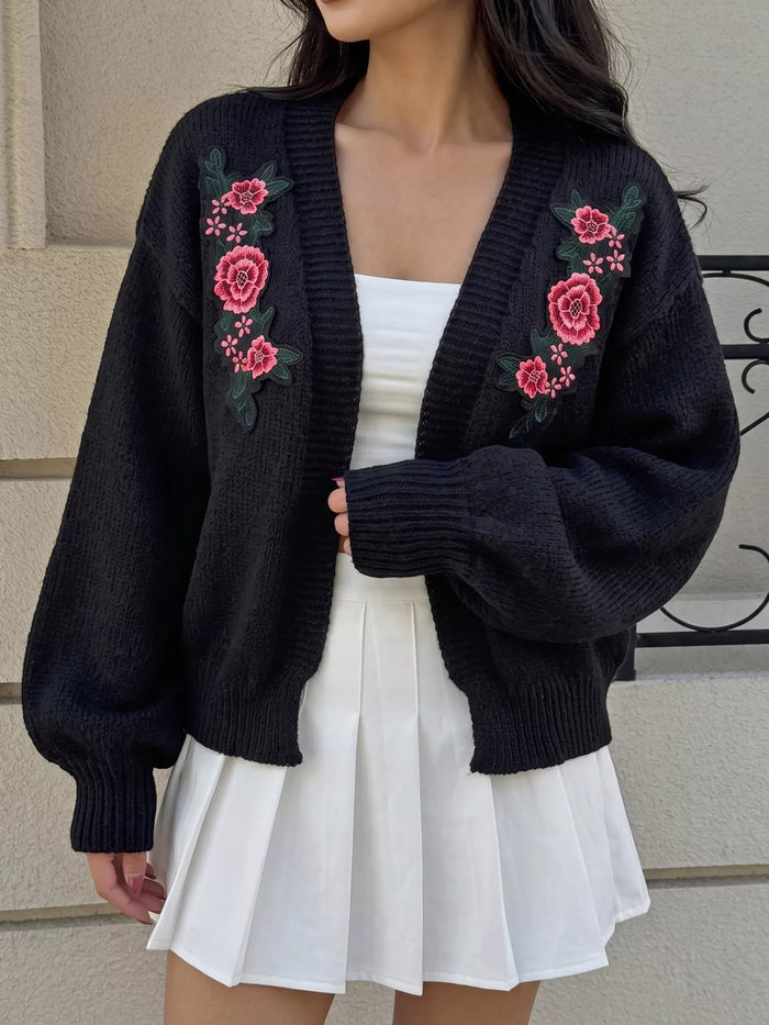 Floral Embroidered Applique Knit Cardigan in Black