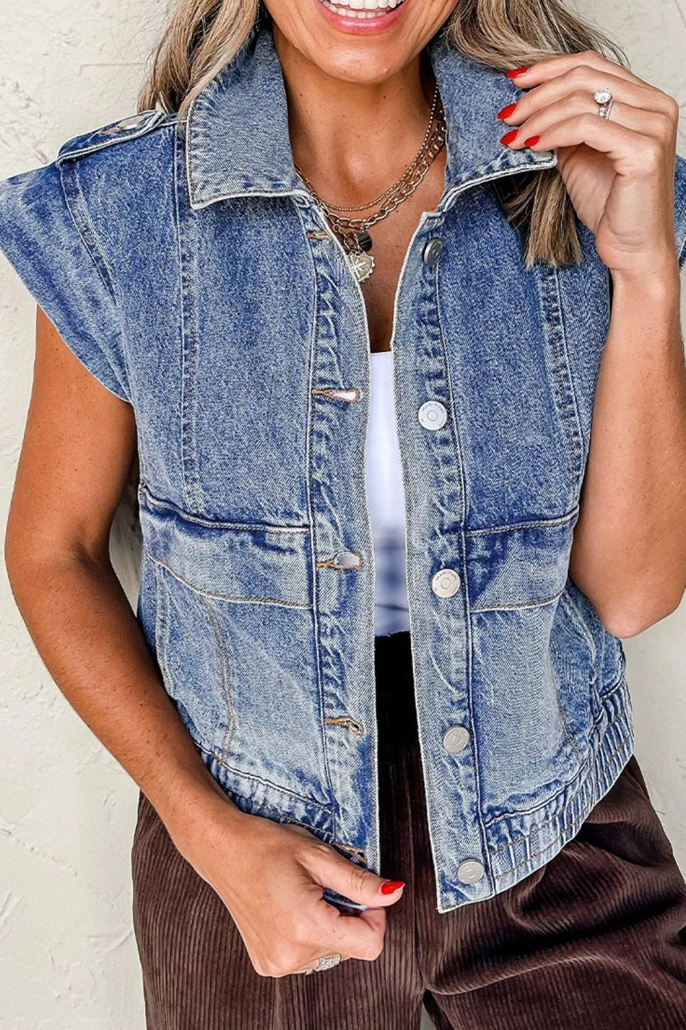 Button Up Cap Sleeve Denim Jacket, view 6