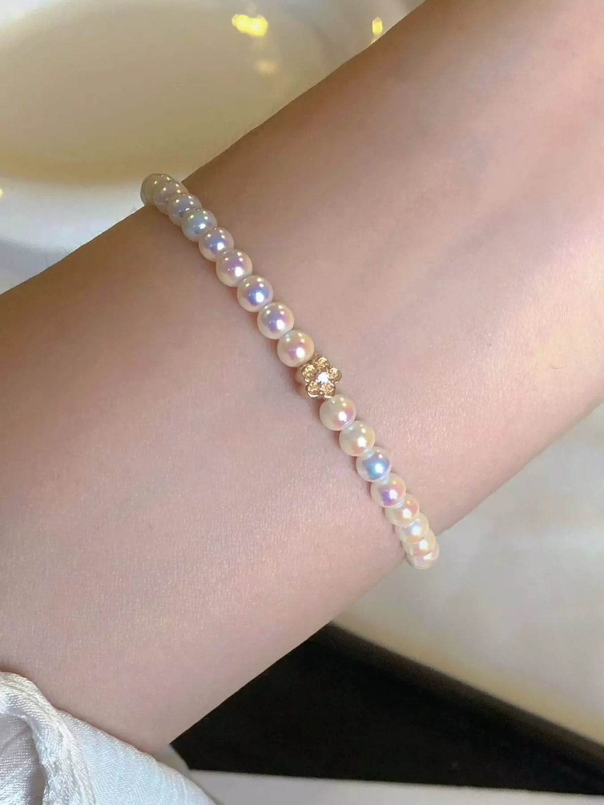 Pearl Bracelet with Floral Accent in White, view 3