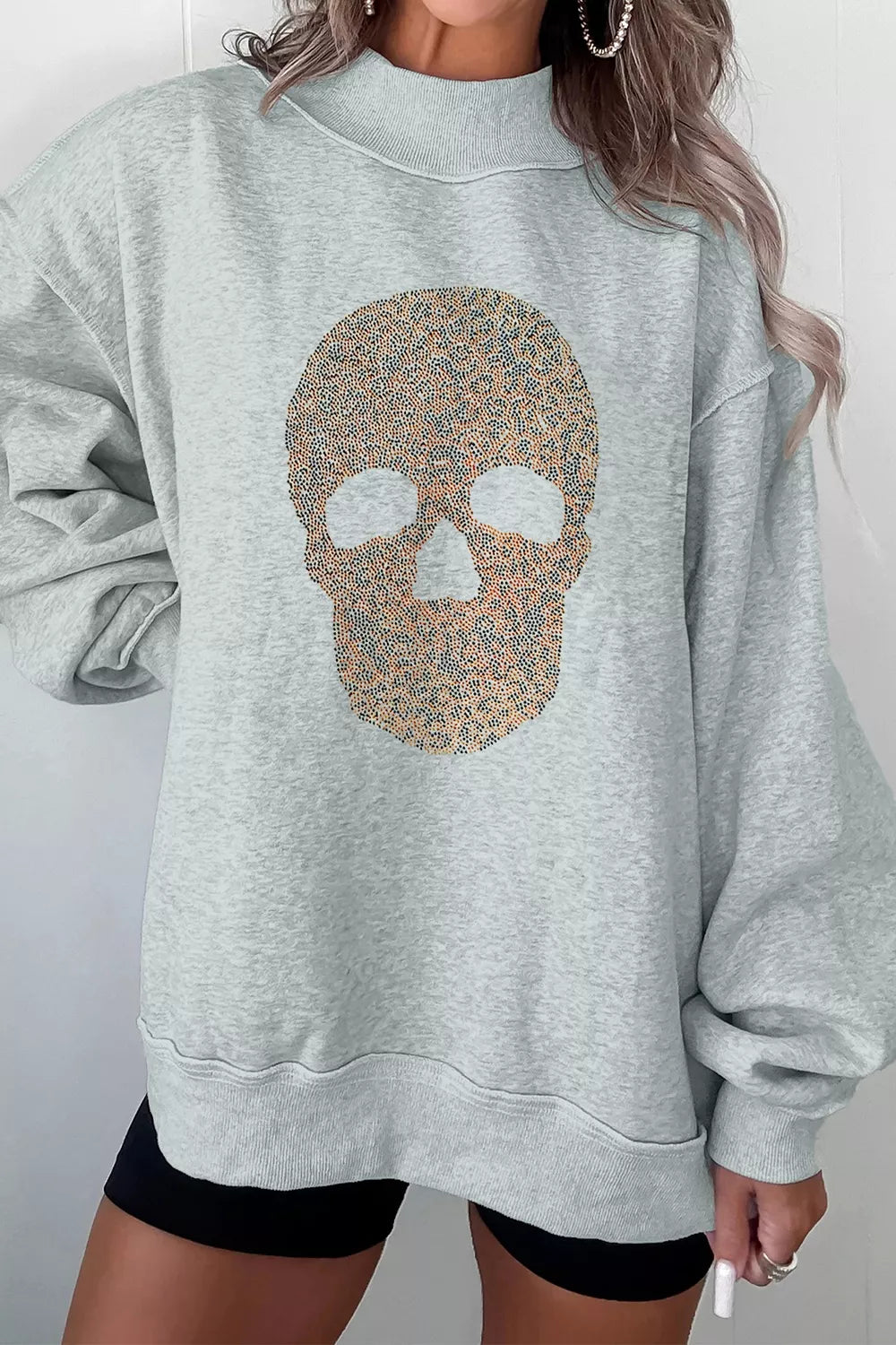 Halloween Rhinestone Skull Graphic Mock Neck Baggy Pullover Sweatshirt – image 1 | Lilixa Spooky Season