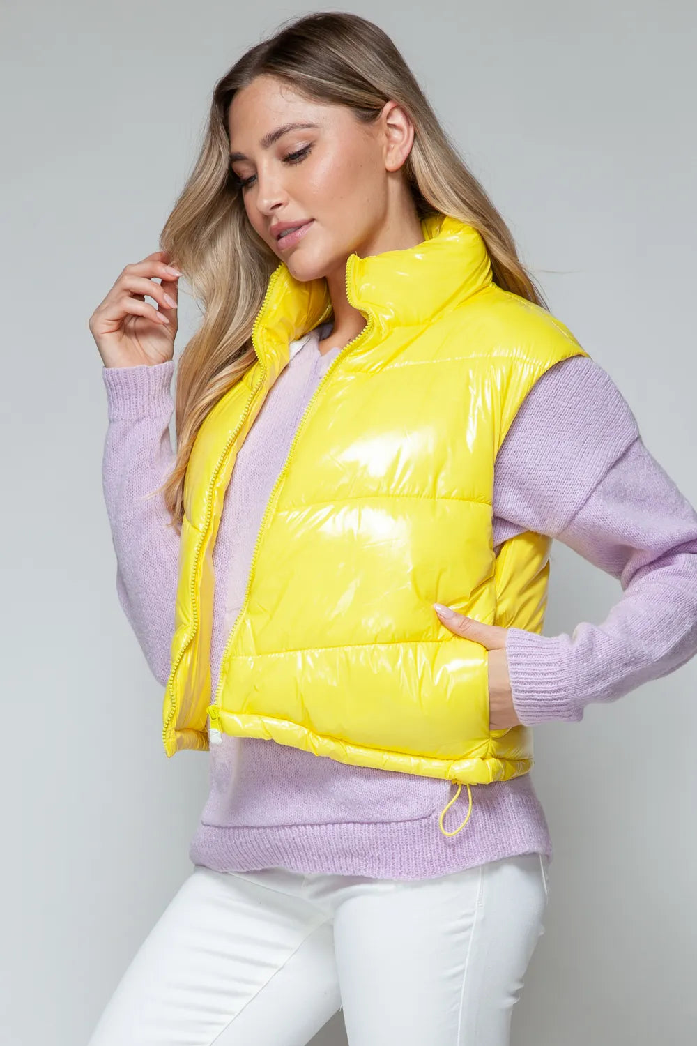 Snobbish Zip Up Turtleneck Shiny Quilted Vest in Yellow, view 4