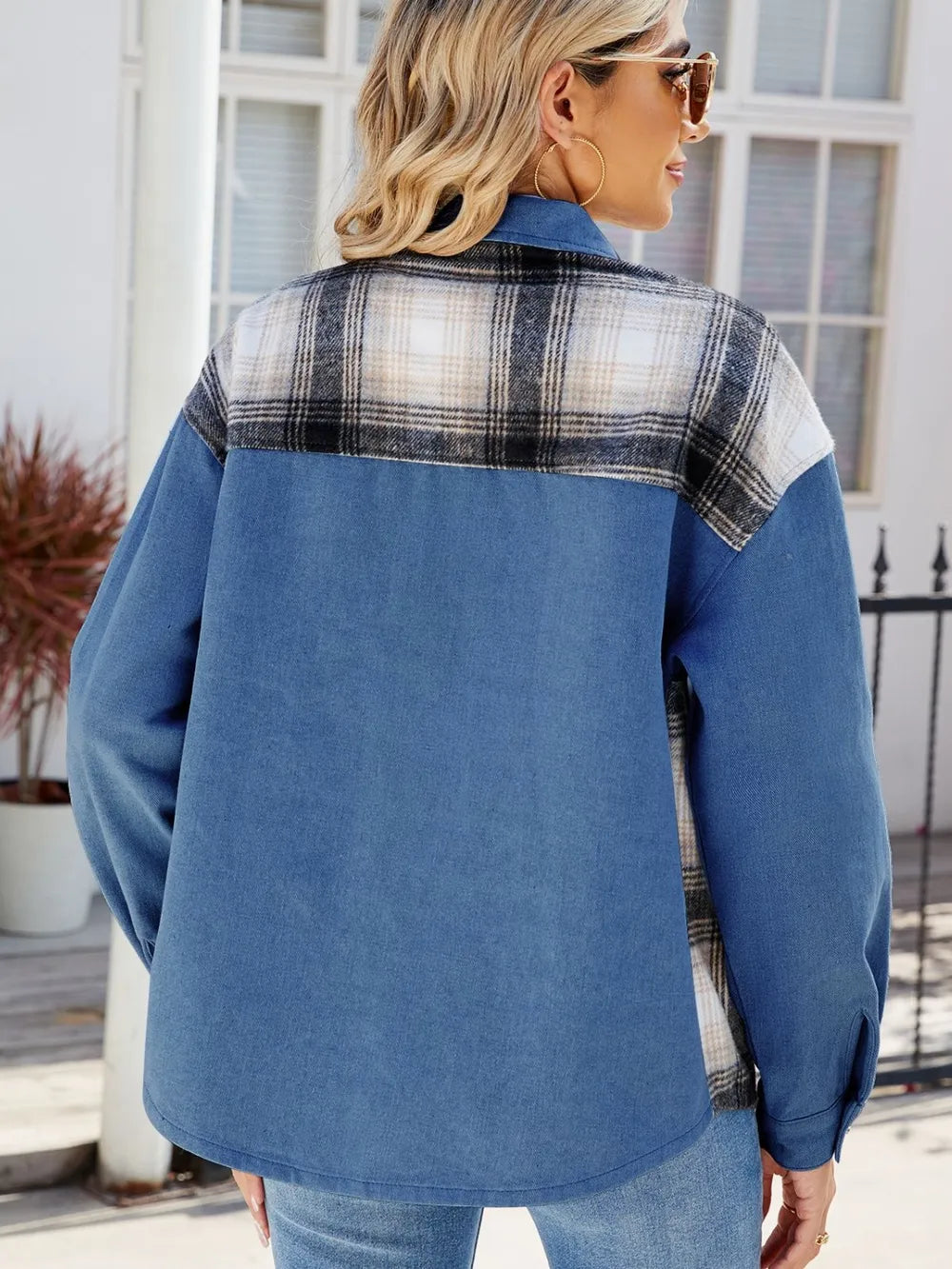 Plaid Button Up Long Sleeve Denim Jacket in Dusty Blue, view 8