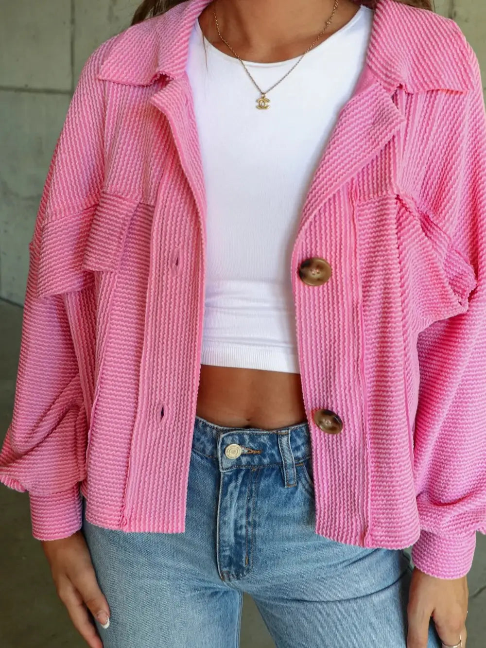 Ribbed Collared Neck Button Up Jacket in Fuchsia Pink