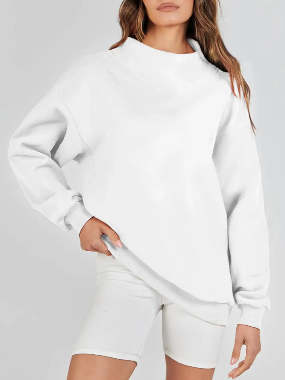 Mock Neck Drop Shoulder Long Sleeve Sweatshirt - Lilixa.store