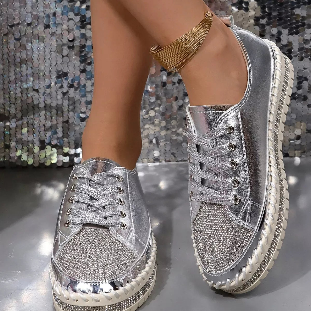 Rhinestone Round Toe Sneakers - Lilixa.store