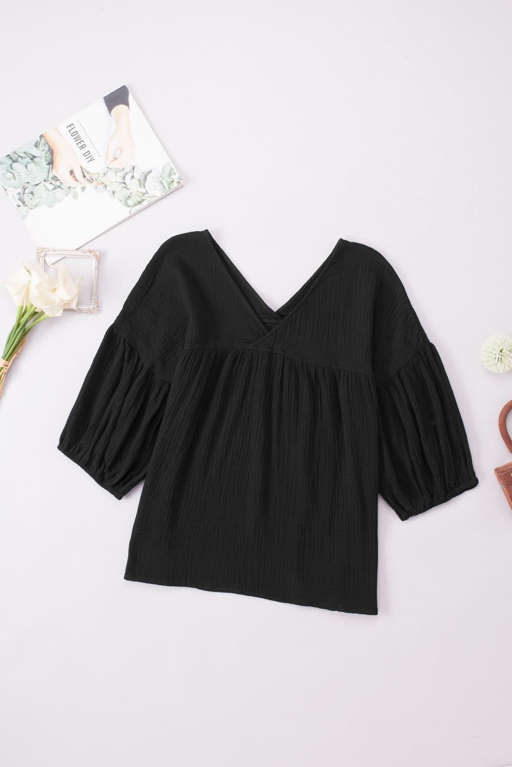 Dropped Shoulder V-Neck Blouse in Black