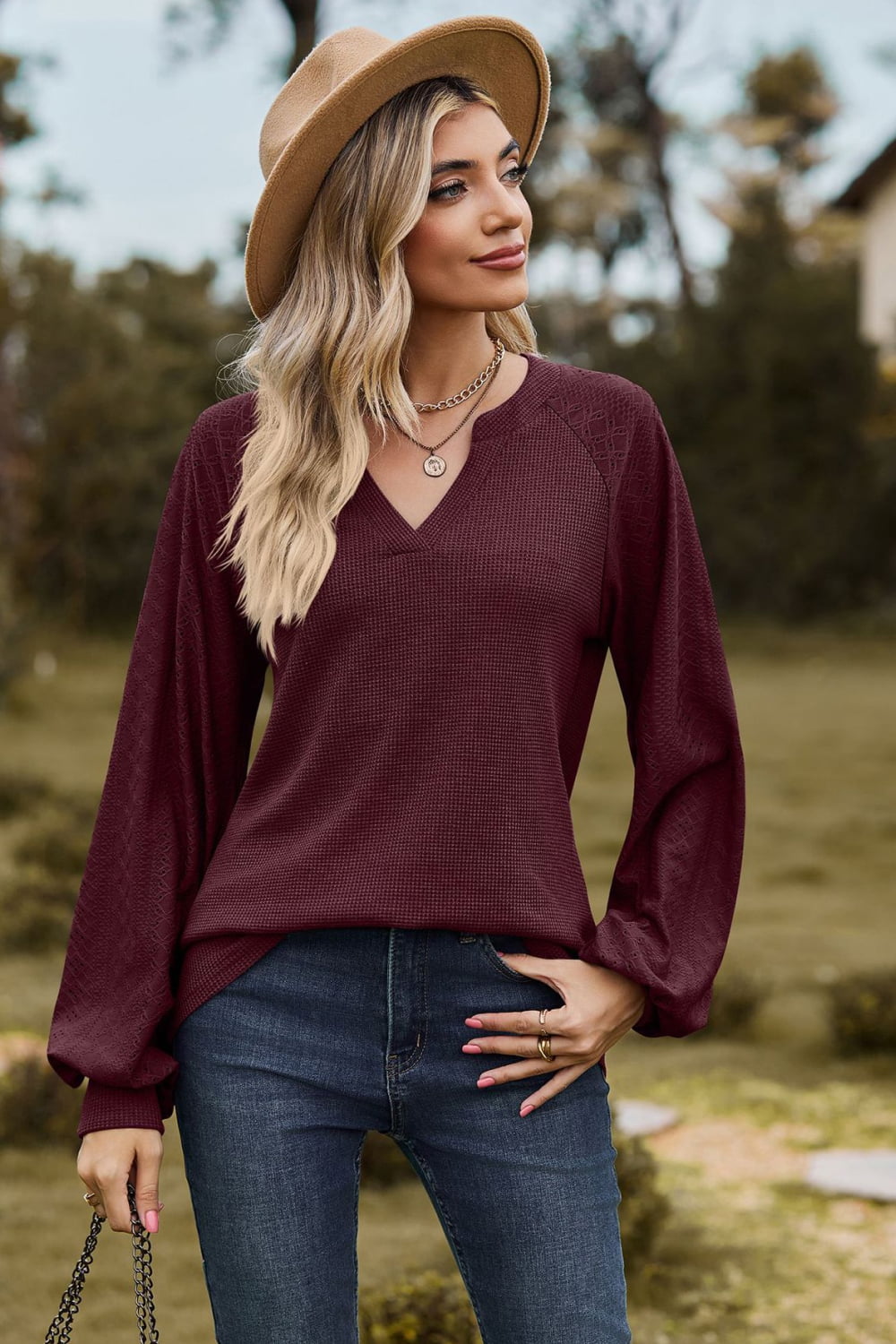 Notched Neck Raglan Sleeve Blouse in Burgundy
