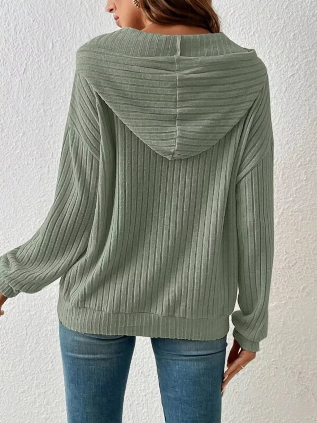 Casual Ribbed Knit Drawstring Hoodie - Lilixa.store