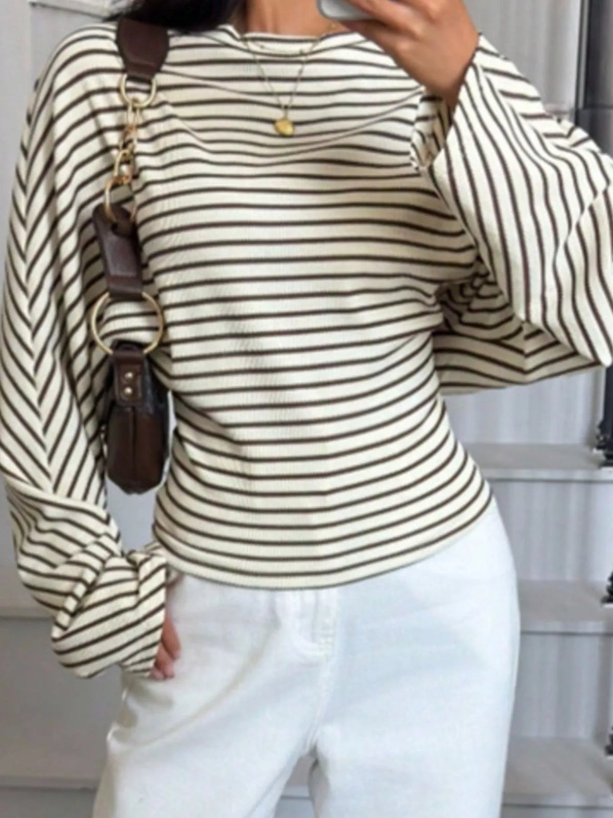 Casual Striped Long Sleeve Batwing T-Shirt, view 6