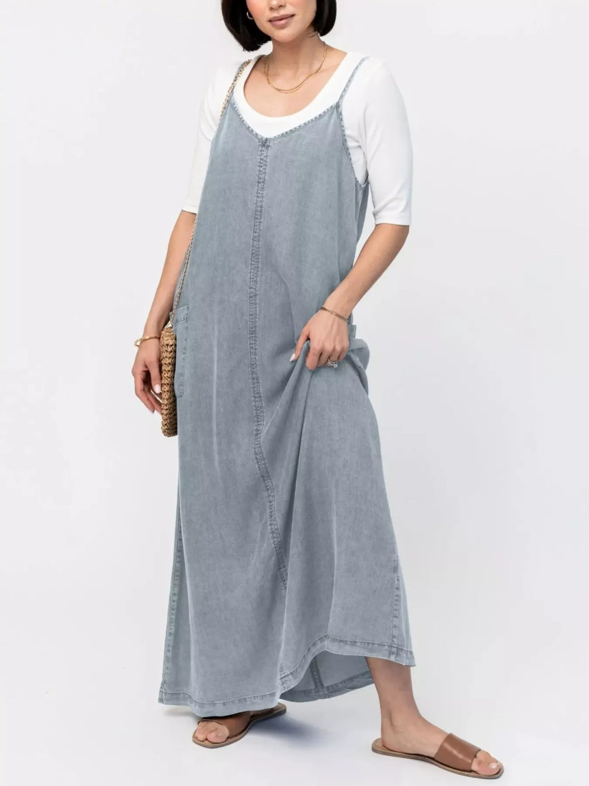 Casual Washed Denim Cami Maxi Dress in Light Blue