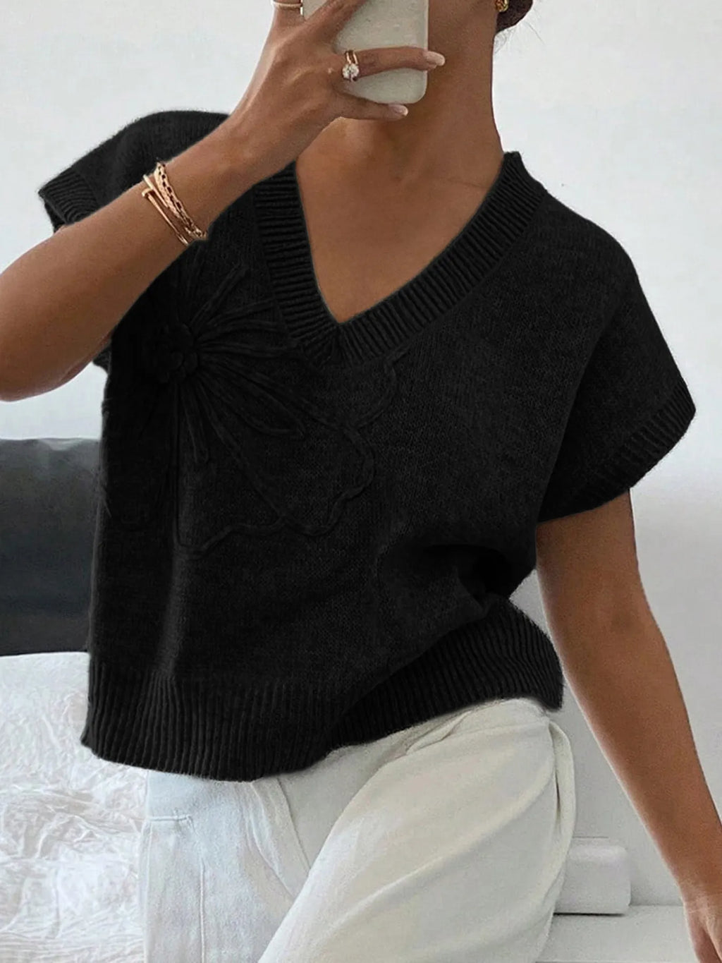 Ribbed Hem V-Neck Short Sleeve Sweater - Lilixa.store