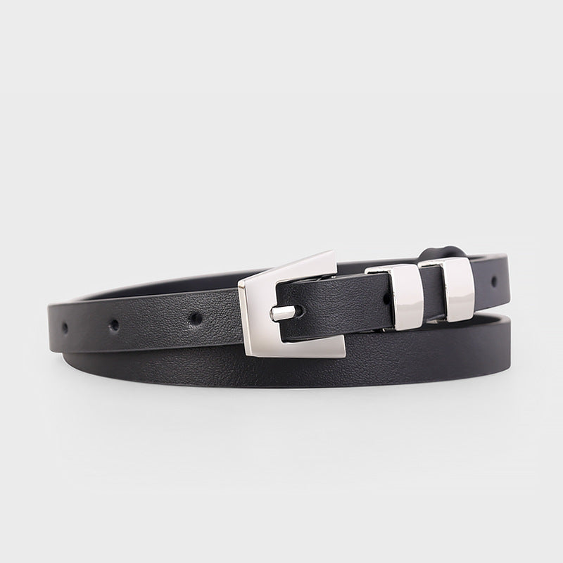 Skinny Leather Belt with Silver Buckle - Lilixa.store