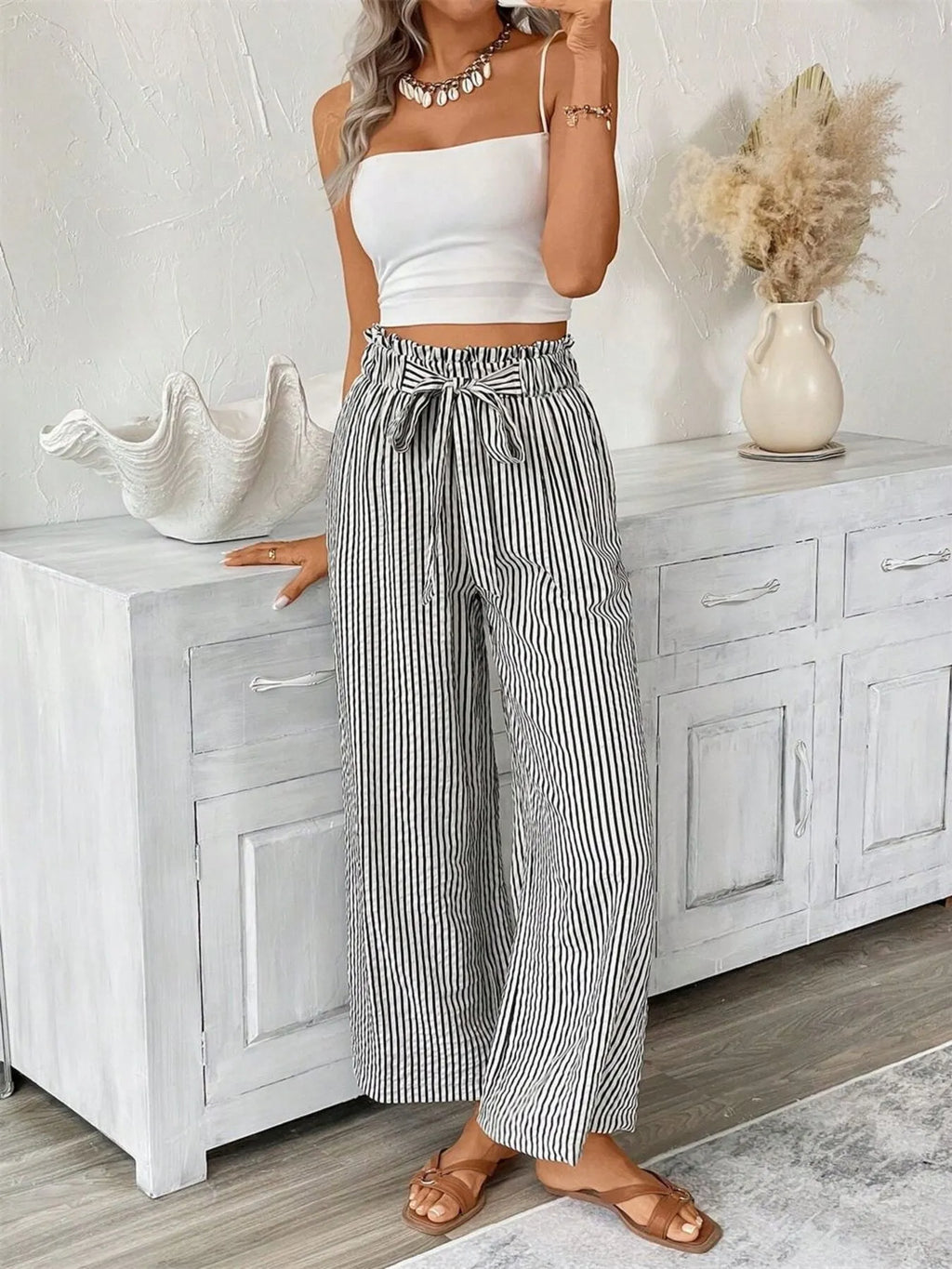 Full Size Striped Wide Leg Paper Bag Pants Plus Size - Lilixa.store