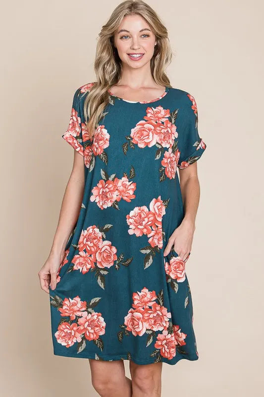 BOMBOM Floral Round Neck Short Tee Dress with Pockets - Lilixa.store