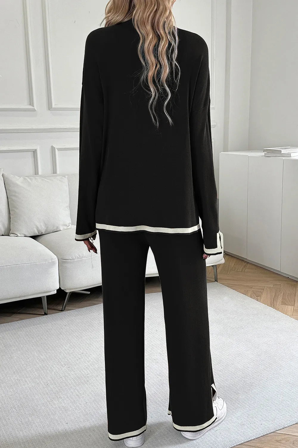 Devine Contrast Trim Round Neck Top and Pants Set - Lilixa.store