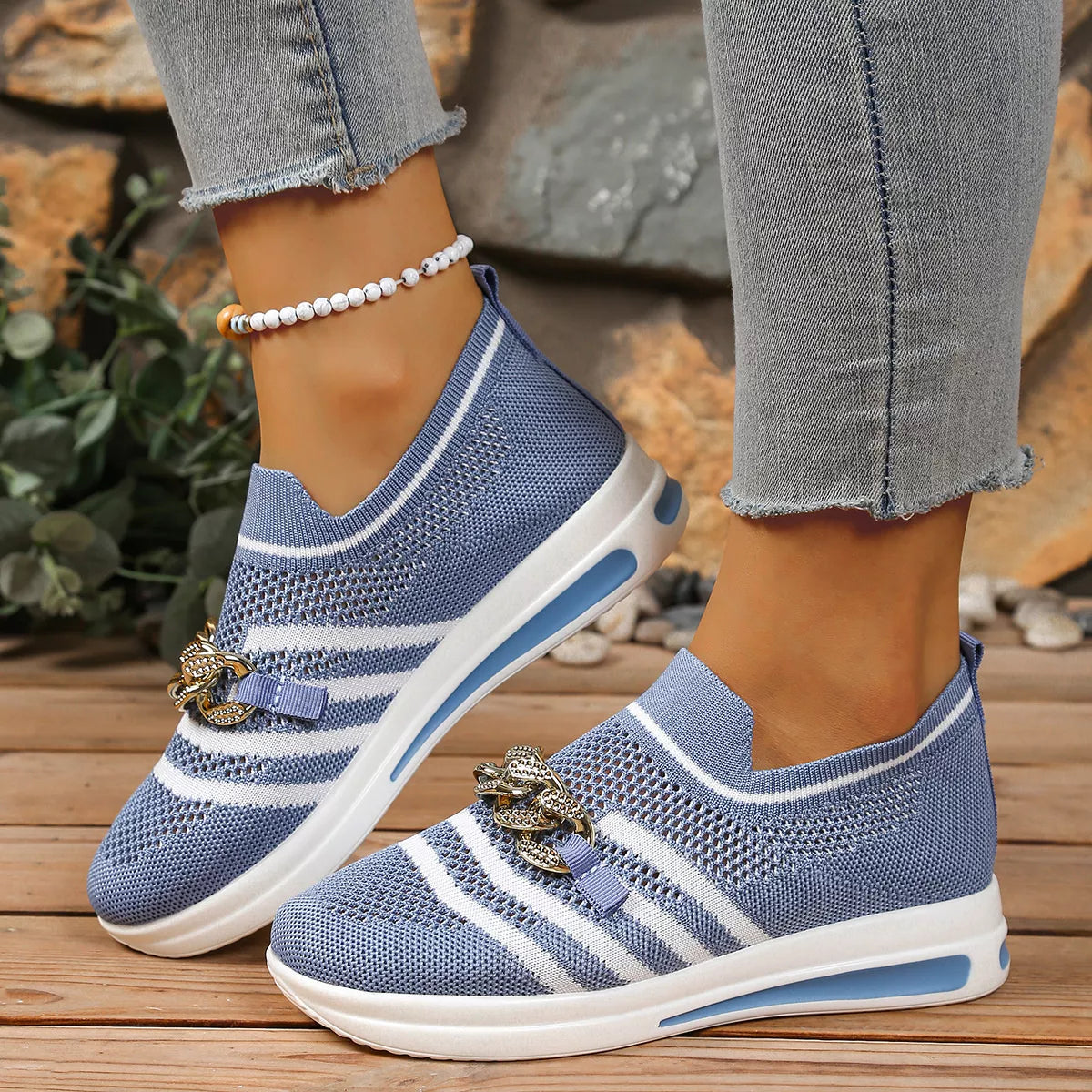 Round Toe Mesh Slip-Ons in Blue