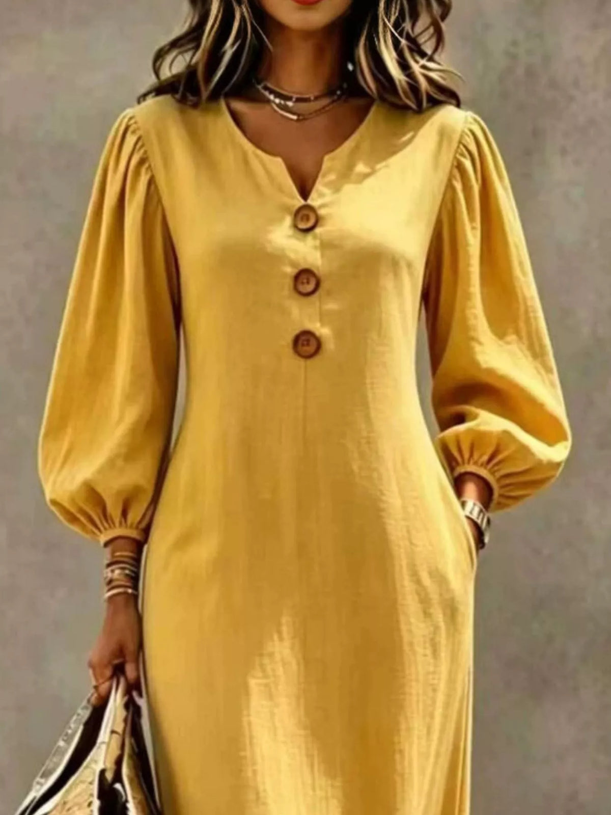 Decorative Button Balloon Sleeve Maxi Dress - Lilixa.store