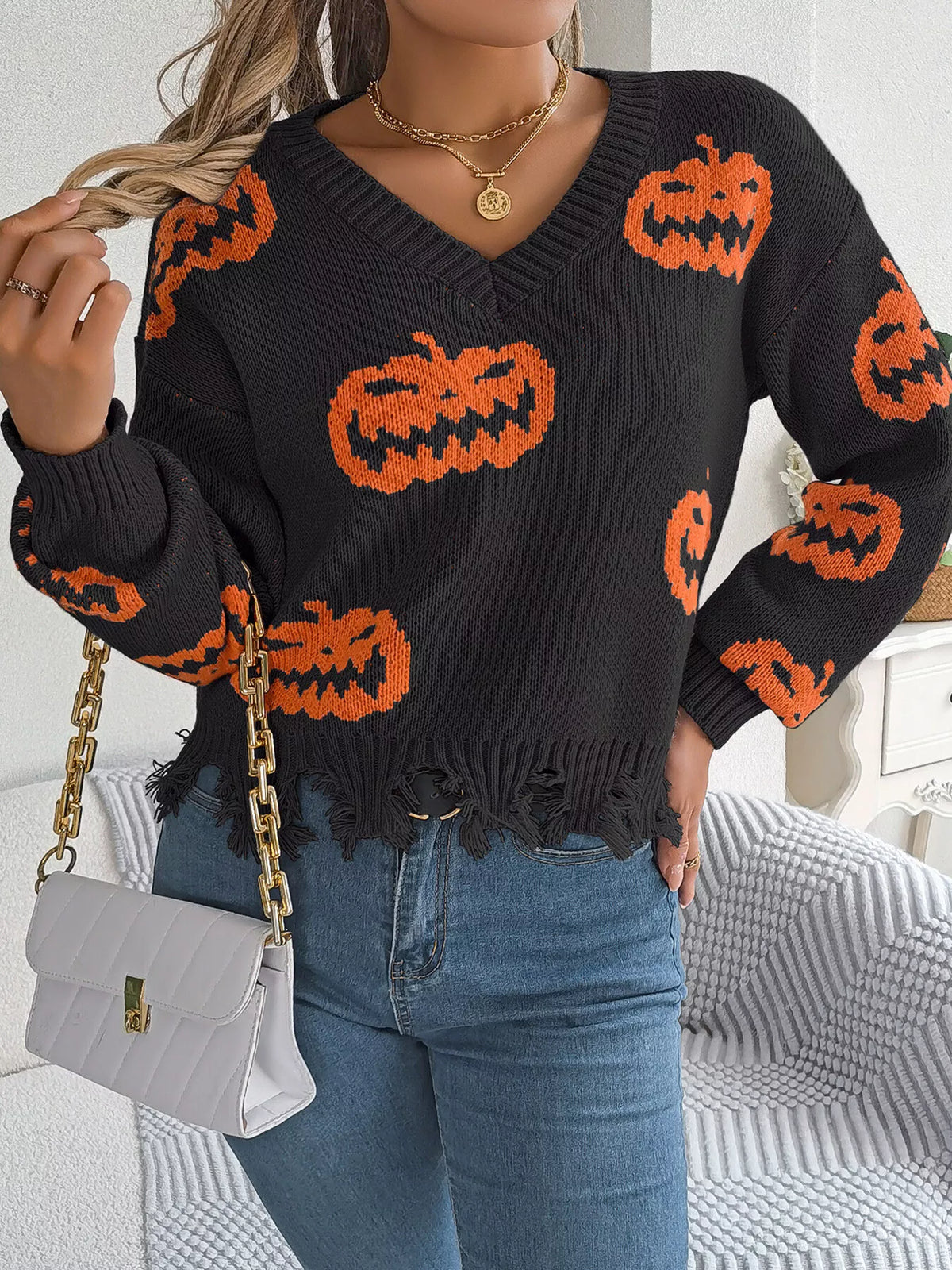 Pumpkin Distressed Hem Sweater - Lilixa.store