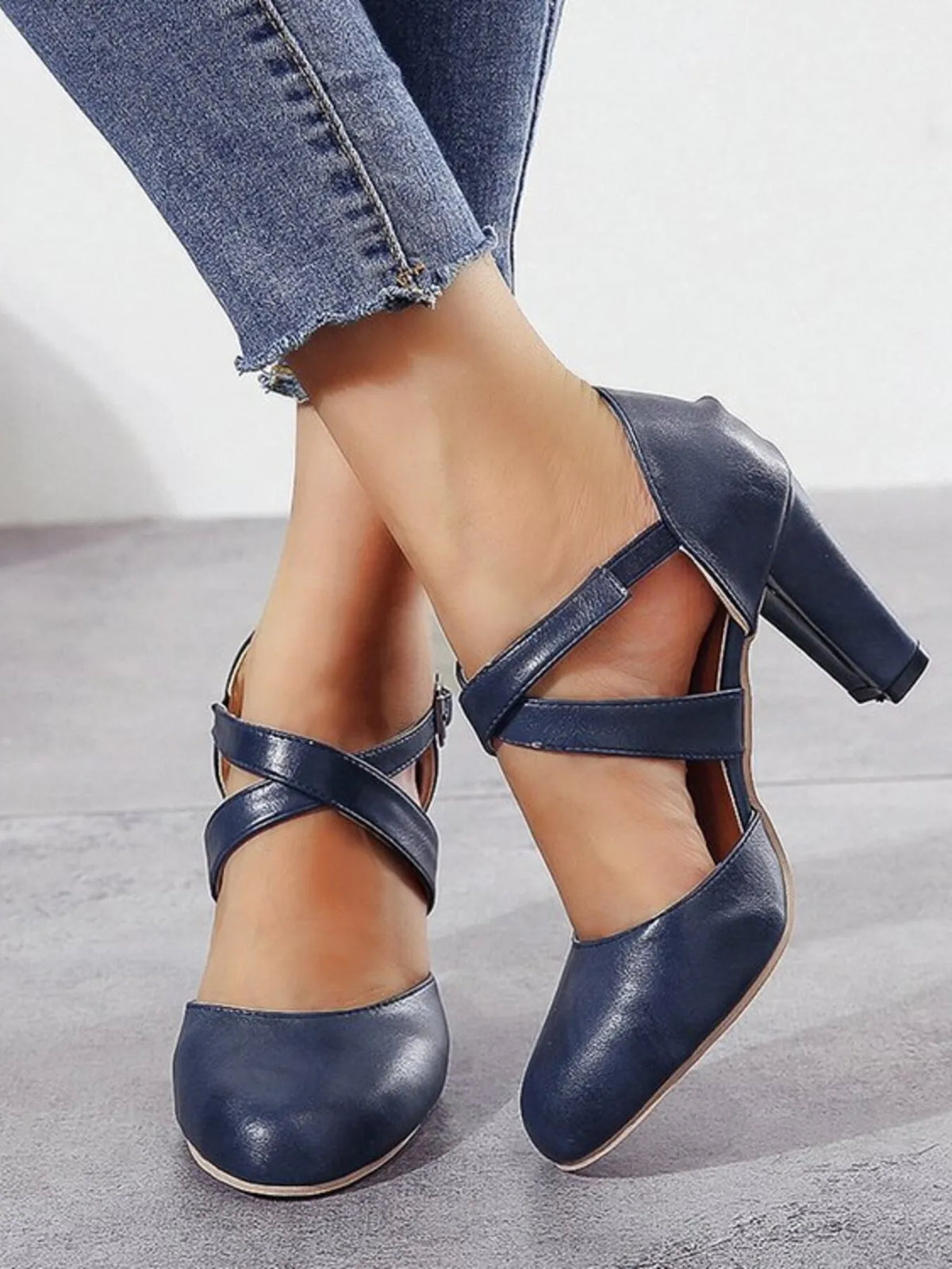 Cross-Strap Block Heel Pumps - Lilixa.store