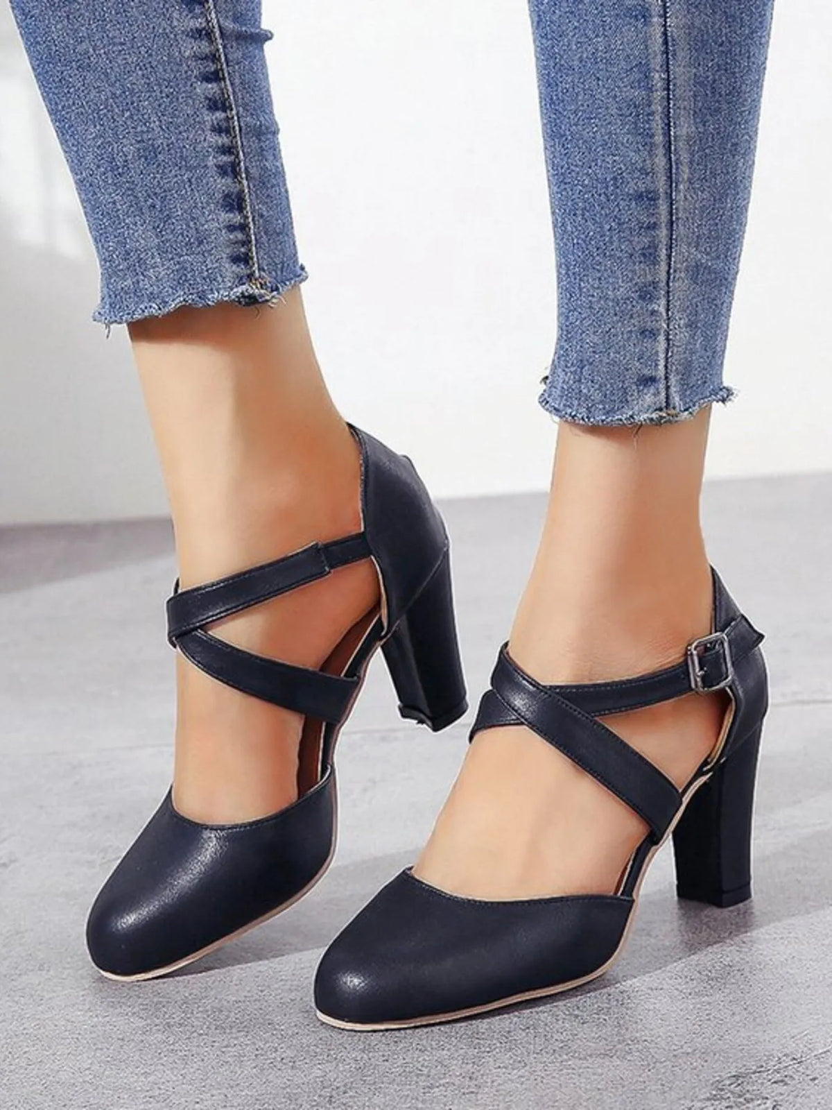 Cross-Strap Block Heel Pumps - Lilixa.store
