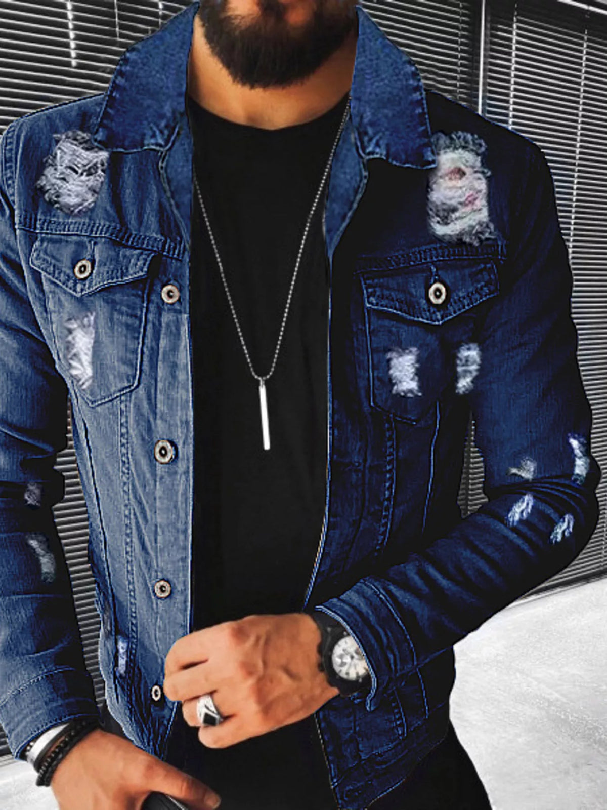 Men's Plus Size Distressed Button Up Denim Jacket
