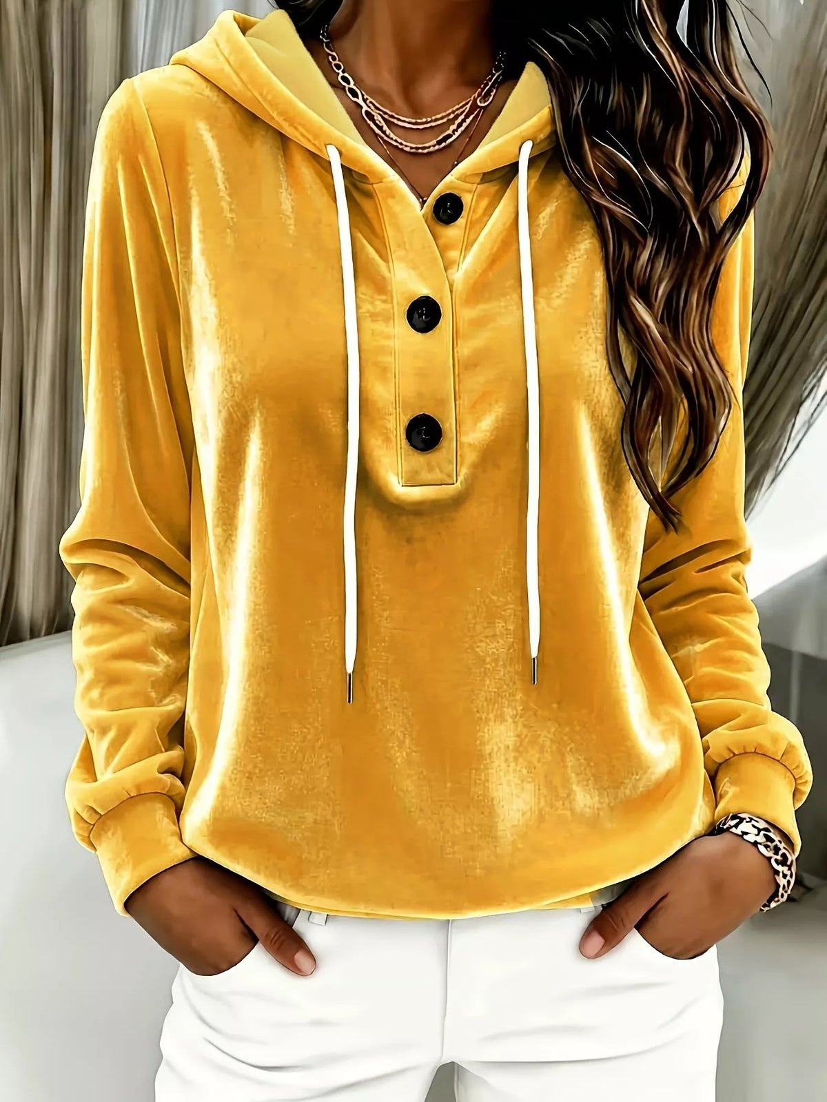 Full Size Drawstring Button Detail Hoodie Plus Size in Yellow