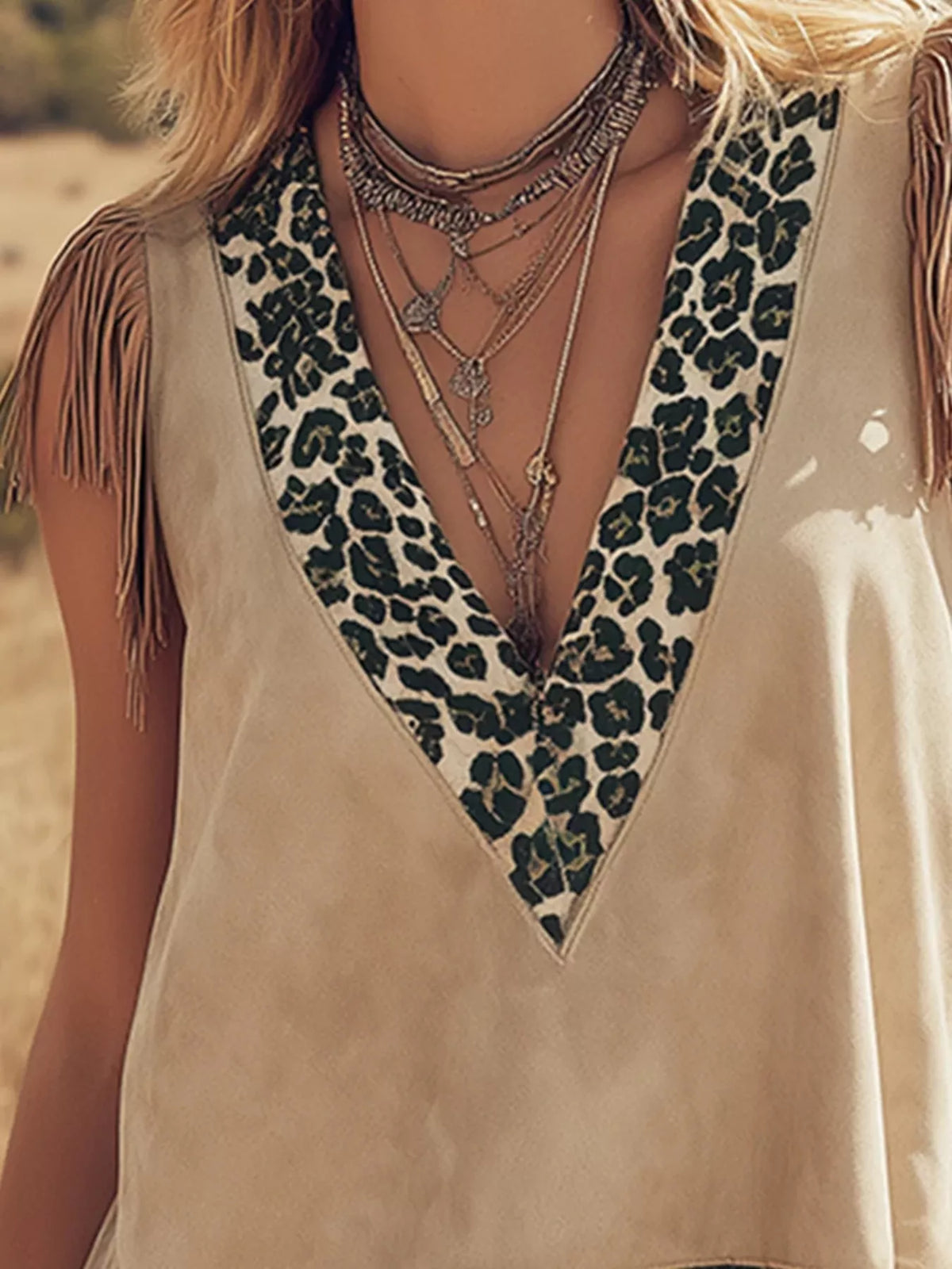 Fringed Leopard V-Neck Tank