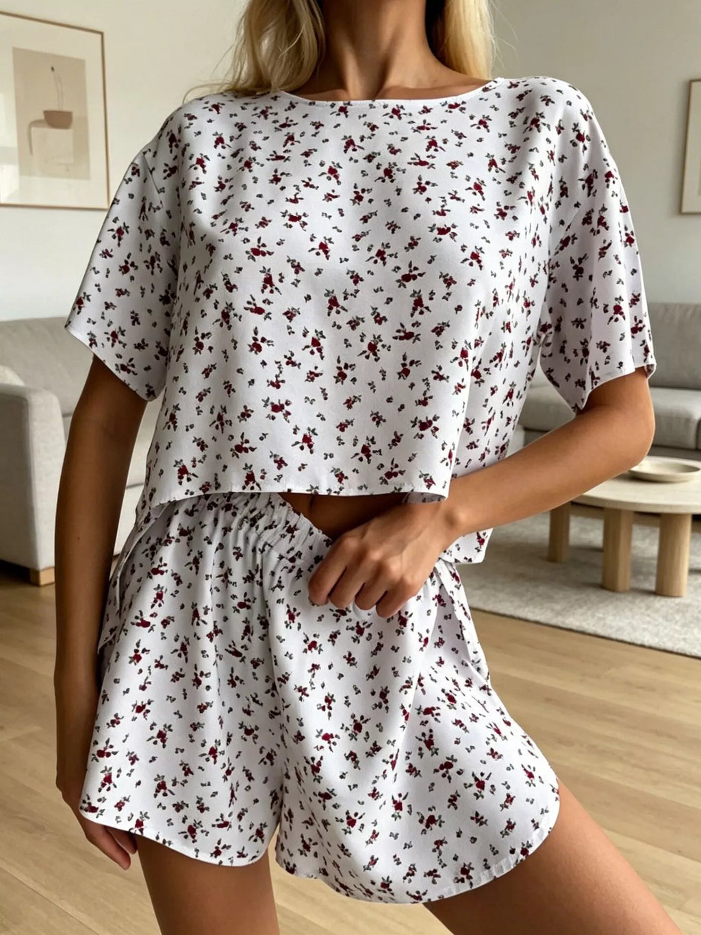 Floral Print Relaxed Fit Top and Shorts Lounge Set - Lilixa.store