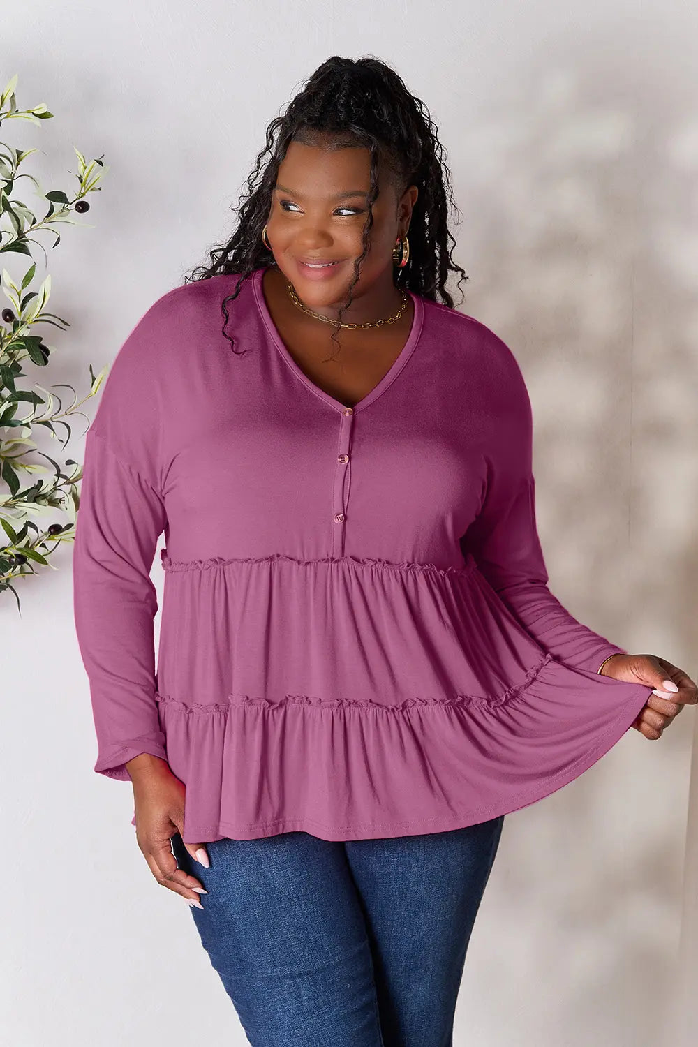 Double Take Half Button Long Sleeve Ruffle Hem Blouse - Lilixa.store
