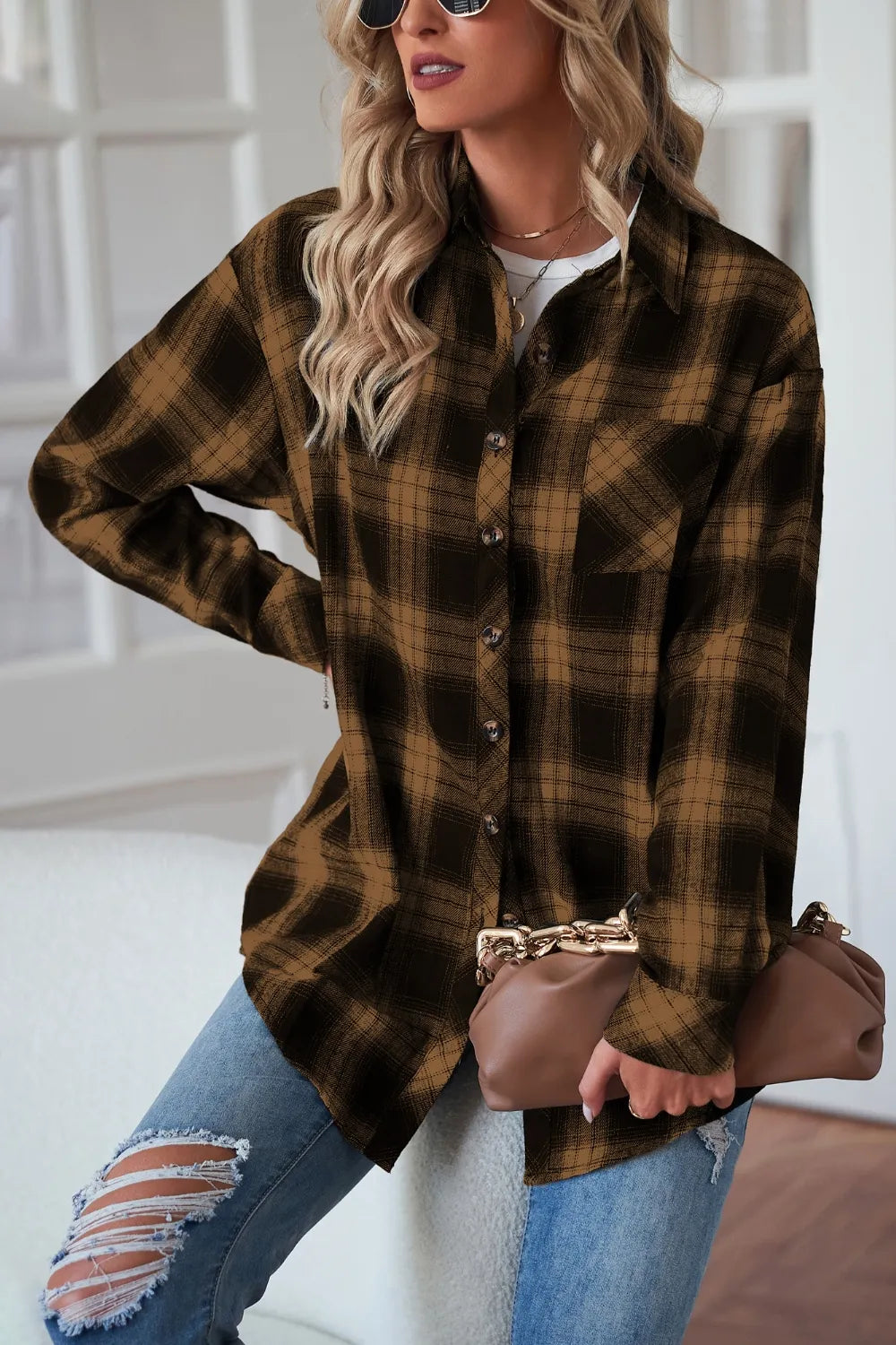 Plaid Button Up Dropped Shoulder Outerwear - Lilixa.store