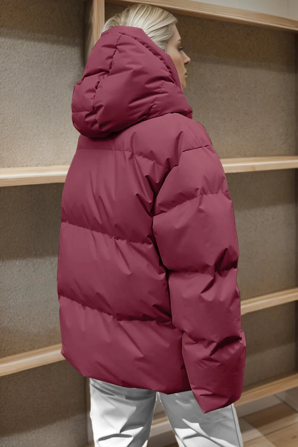 Pocketed Zip Up Hooded Puffer Jacket, view 4