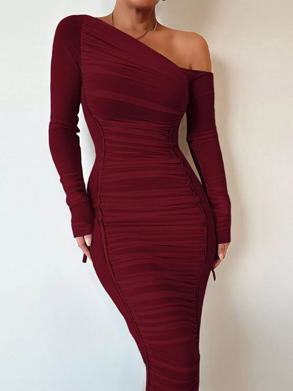 One-Shoulder Ruched Bodycon Midi Dress - Lilixa.store