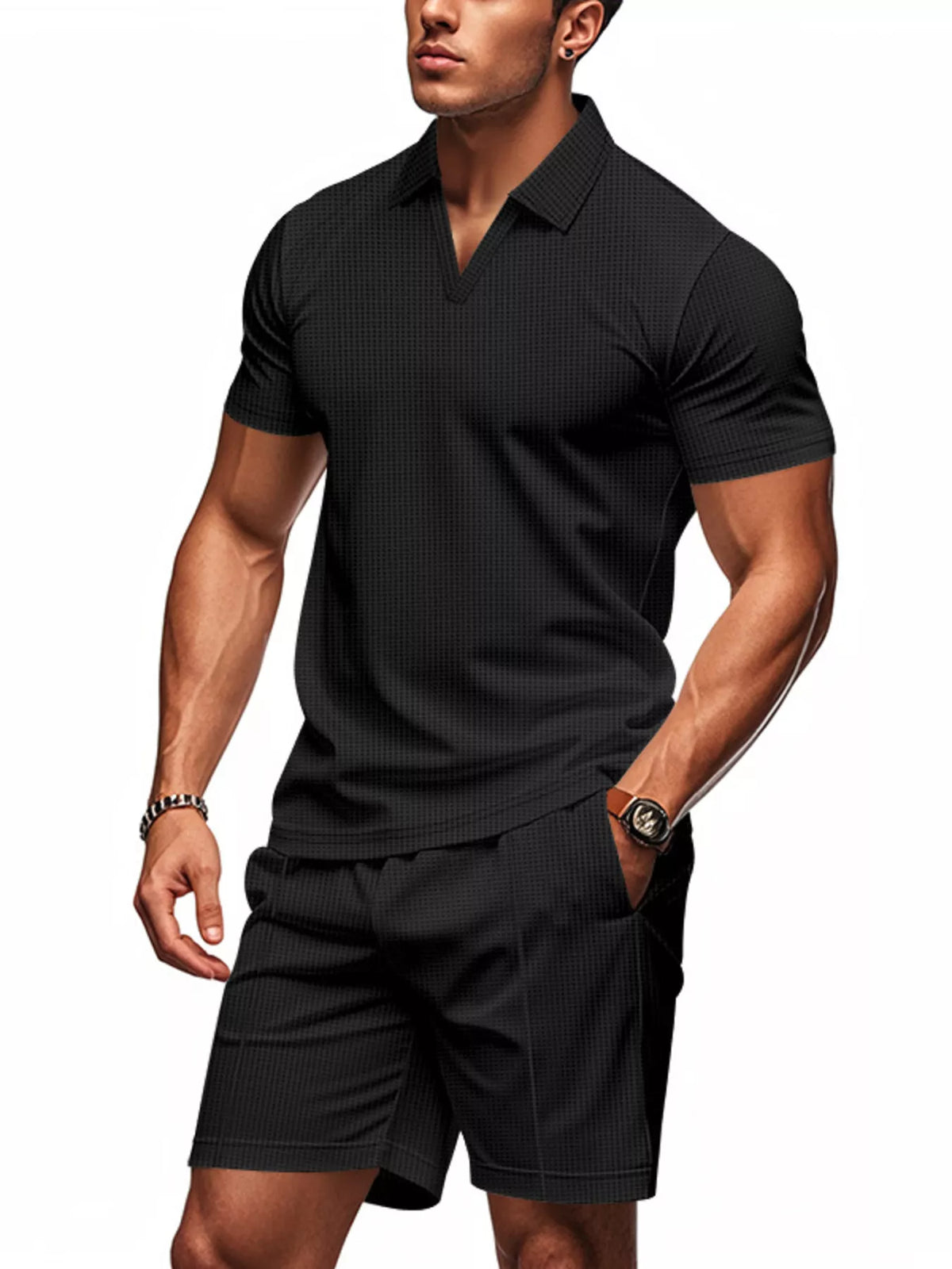 Men's Full Size Textured Short Sleeve Polo and Shorts Set Plus Size - Lilixa.store