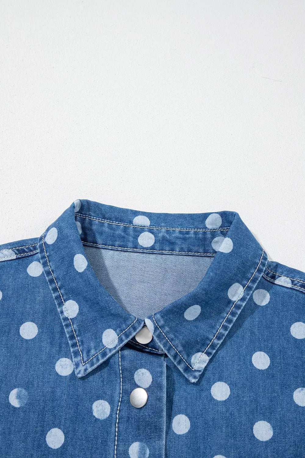 Polka Dot Long Sleeve Collar Shift Tunic Denim Jacket in Dusty Blue, view 8