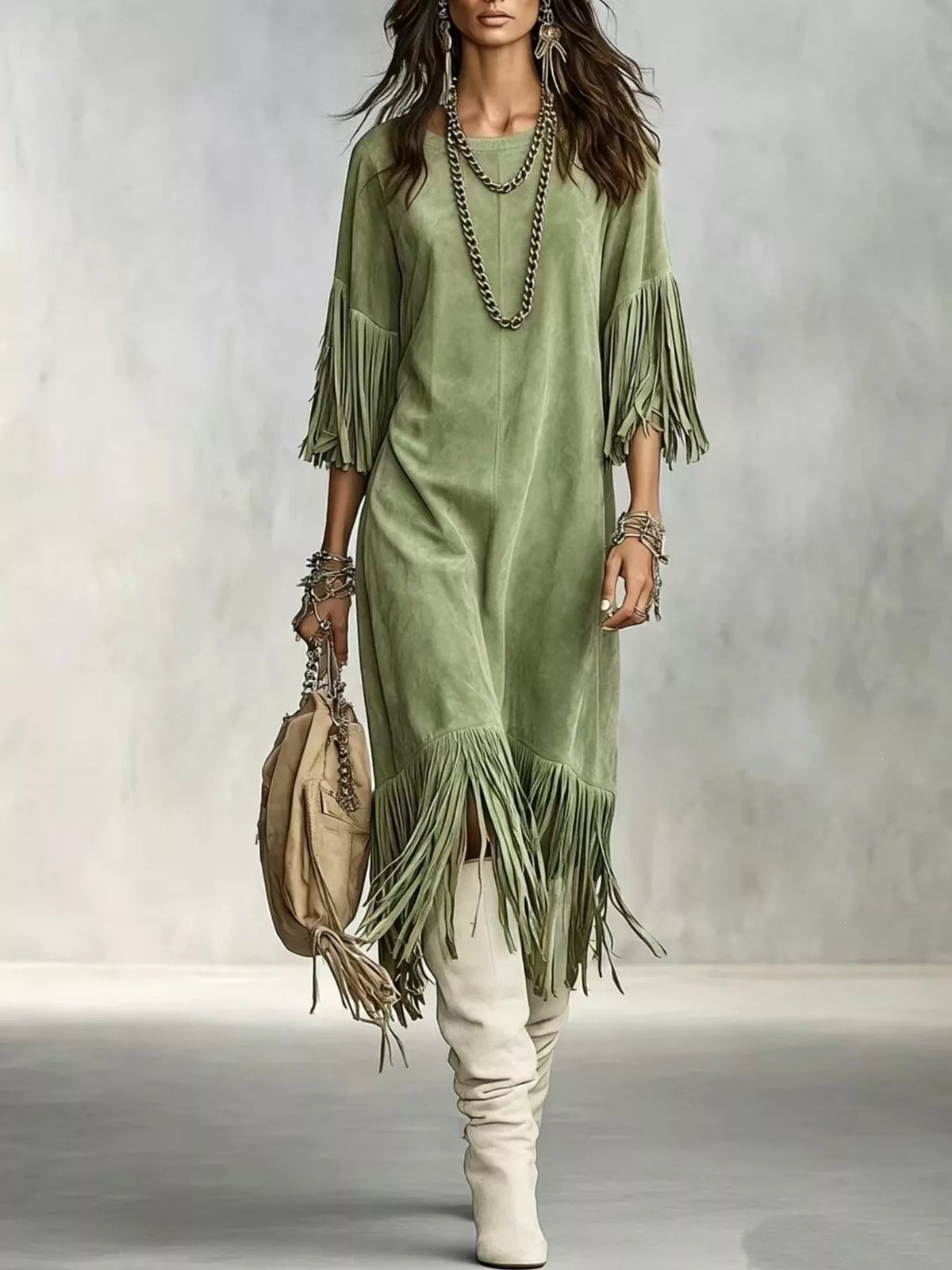 Fringed Round Neck Midi Dress