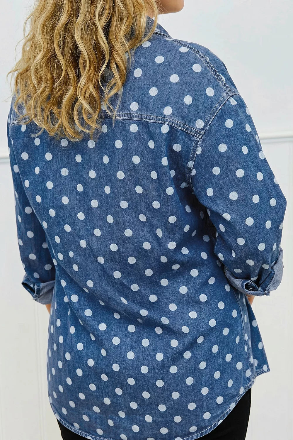 Polka Dot Long Sleeve Collar Shift Tunic Denim Jacket in Dusty Blue, view 2