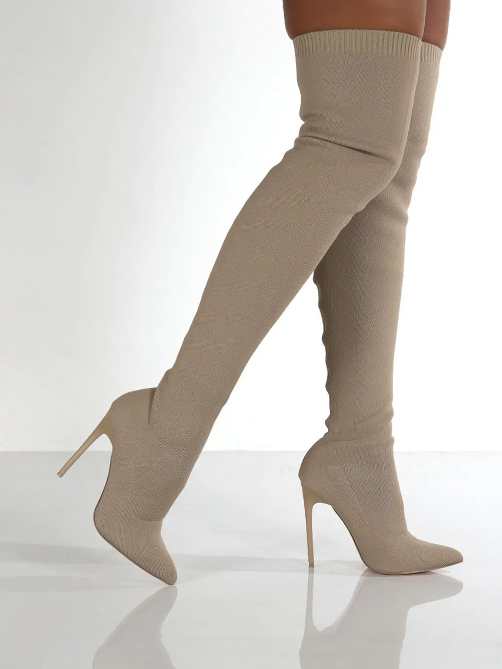 Point Toe Over Knee Stiletto Boots in Beige