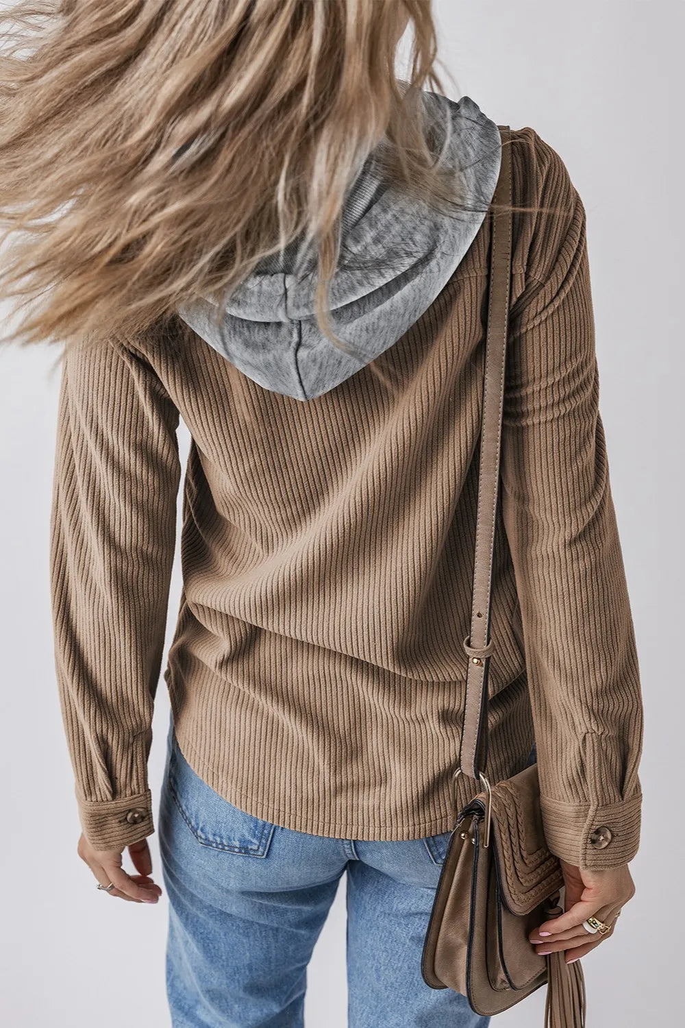 Drawstring Button Up Long Sleeve Hooded Jacket, view 2