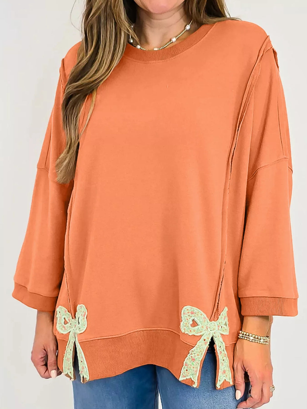 Bow Slit Round Neck Sweatshirt - Lilixa.store