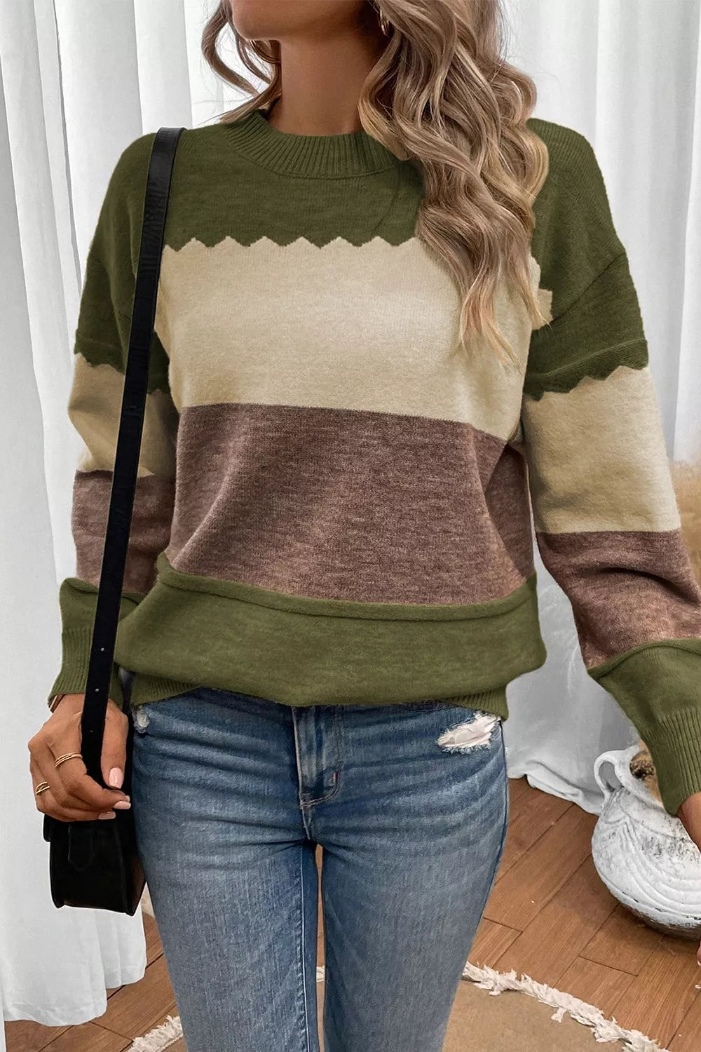 Colorblock Crew Neck Drop Shoulder Sweater